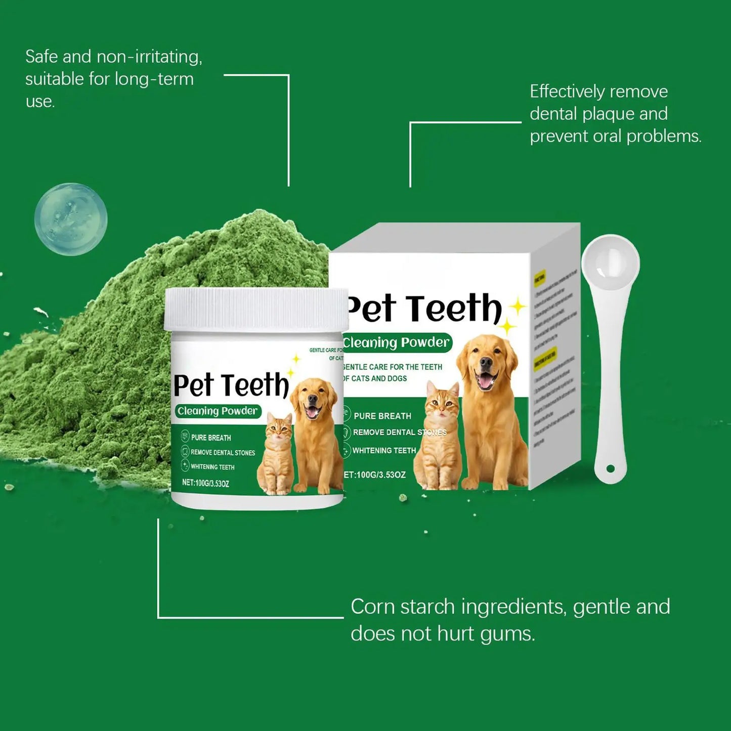 Pó para dentes de cachorro, pó para cuidados com os dentes de gato, produtos de limpeza suaves e duradouros, resistentes a odores, suprimentos para animais de estimação para casa e viagem