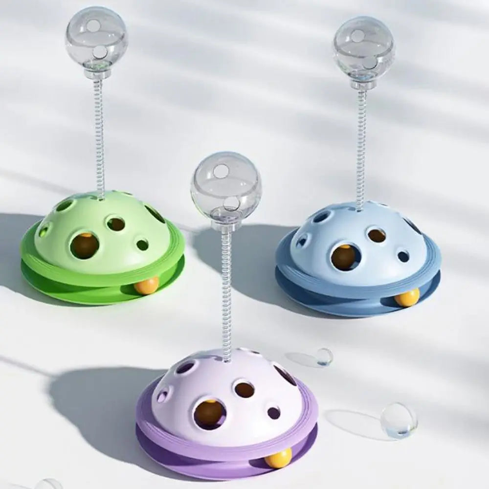 Bola de comida de plástico para gatos, brinquedo interativo com haste de mola, bola de brinquedo giratória destacável para gatos