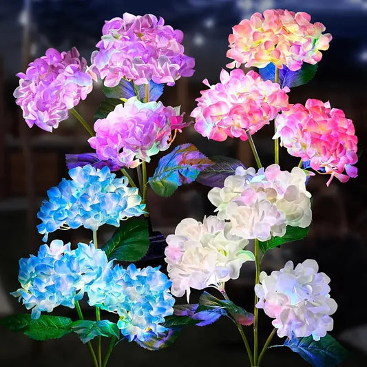Luzes solares para jardim externo, luz solar à prova d'água, com flores de hortênsia, luzes LED para paisagens com energia solar
