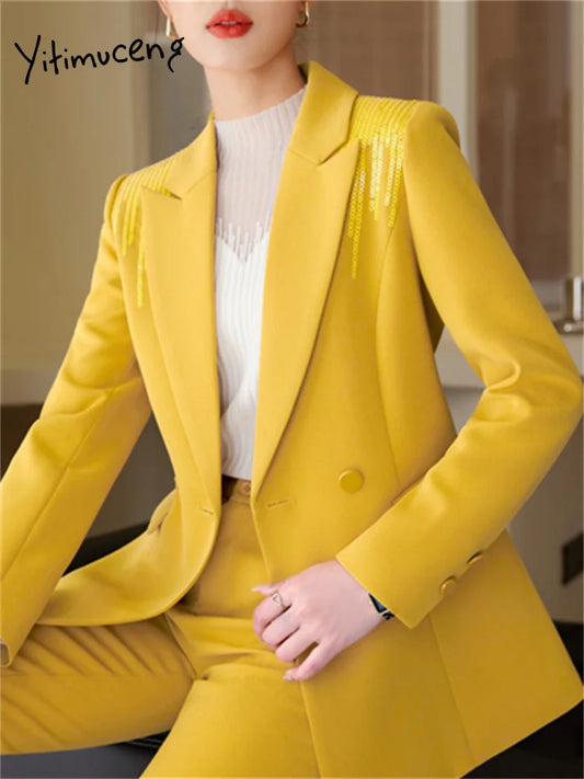 Yitimuceng Conjunto de 2 peças feminino para escritório, nova moda 2025, blazers de manga comprida com lantejoulas, calças flare de cintura alta chiques