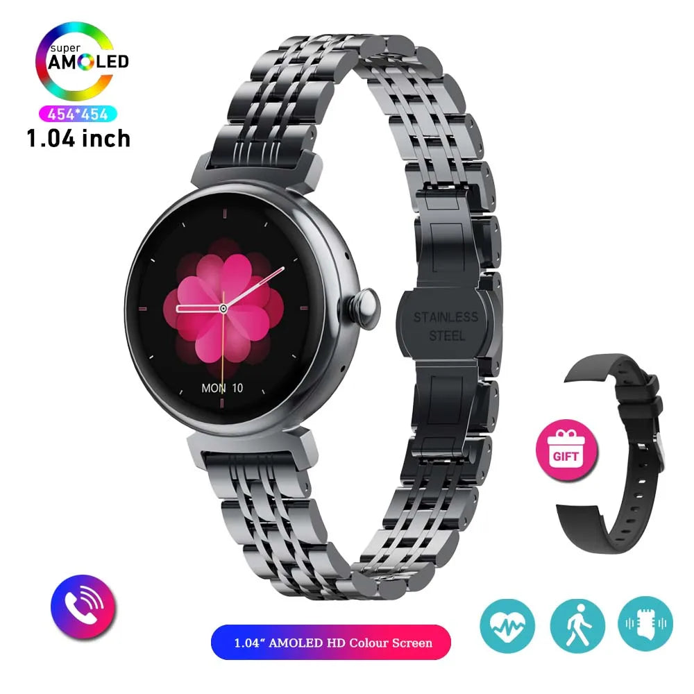 Relógio inteligente feminino moderno com tela AMOLED de 1,04 polegadas, tela sempre exibida, chamada Bluetooth, corpo de metal, tela pequena