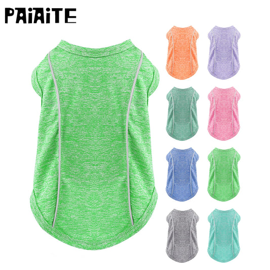 Camisetas de proteção solar para cães com faixas refletivas, secagem rápida, tecido macio e elástico, disponíveis em tamanhos para cães de pequeno a grande porte!