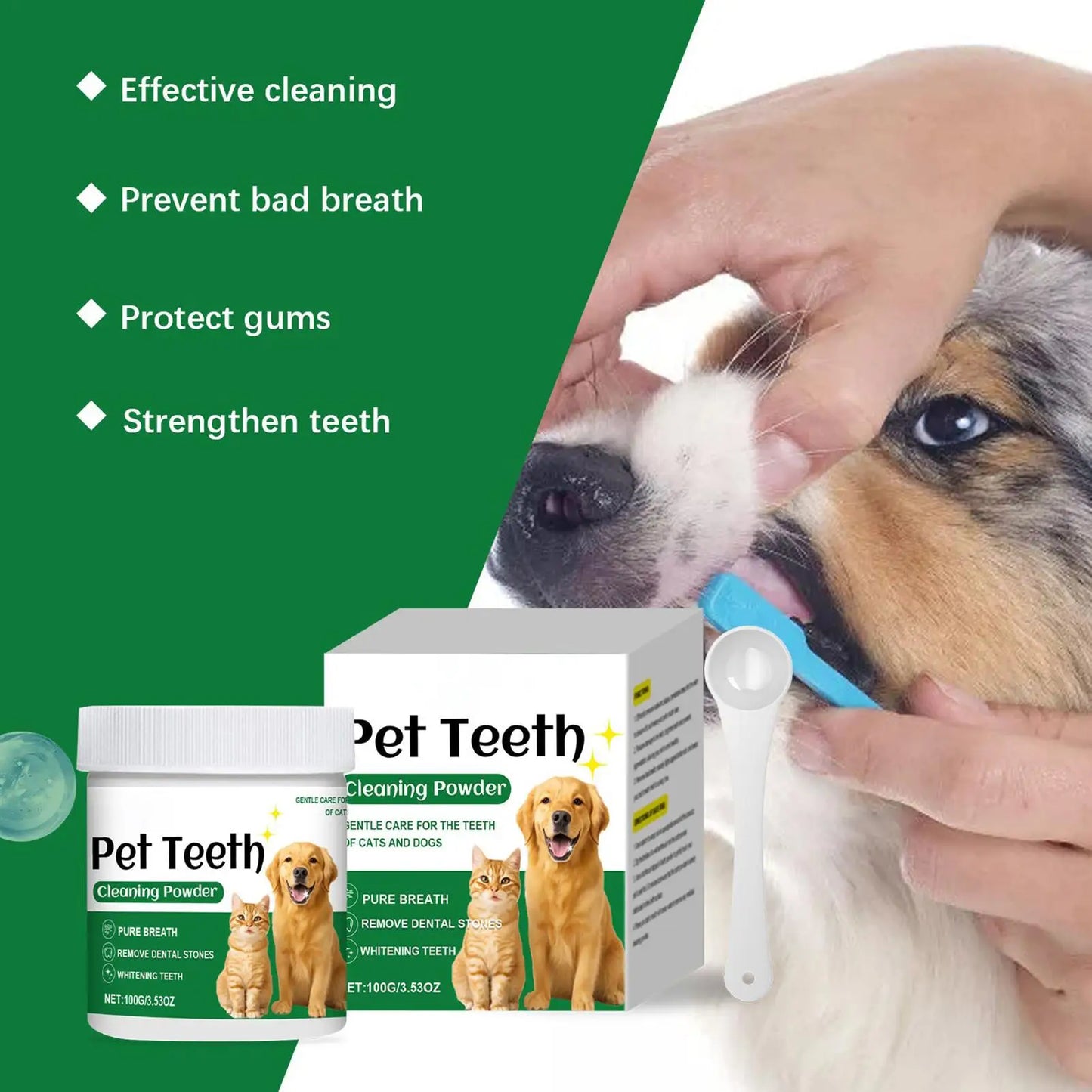 Pó para dentes de cachorro, pó para cuidados com os dentes de gato, produtos de limpeza suaves e duradouros, resistentes a odores, suprimentos para animais de estimação para casa e viagem