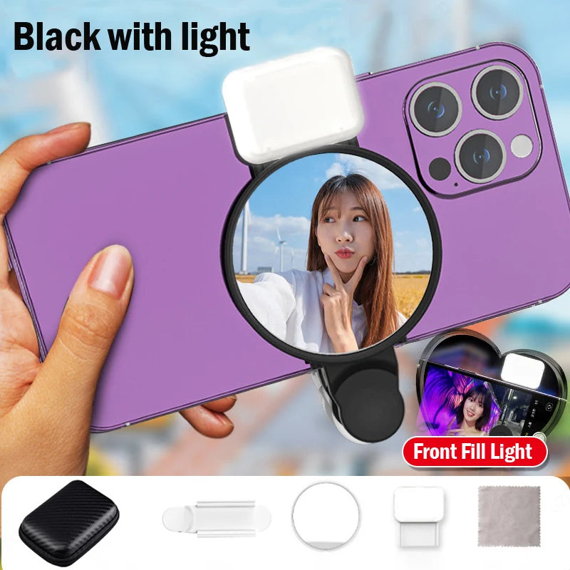 STTKGZD Selfie Refletor Espelho Kit de Luz de Preenchimento para Celular Portátil Espelho Móvel Clipe Bolsa de Armazenamento Câmera Traseira para Celular