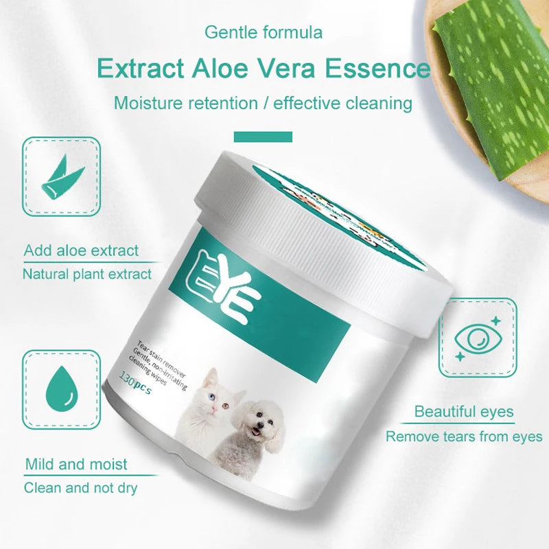 Lenços umedecidos para cães e gatos, lenços umedecidos para marcas de lágrimas, produtos de limpeza universais sem irritação, 130 lenços em lata