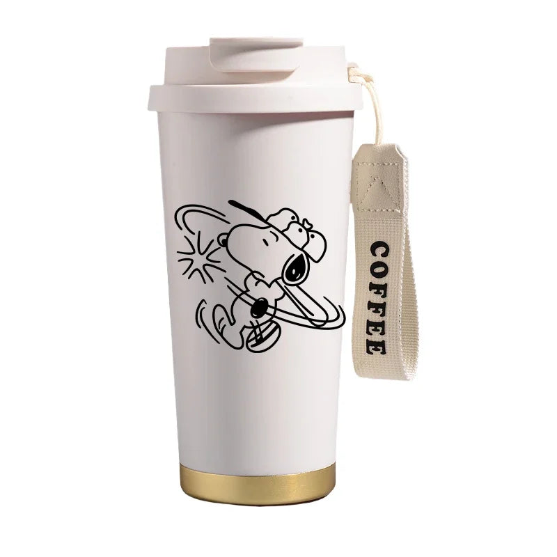 Garrafa térmica de aço inoxidável Snoopys 500ml, anime Kawaii, portátil, viagem, ar livre, carro, chá, café, caneca térmica fria