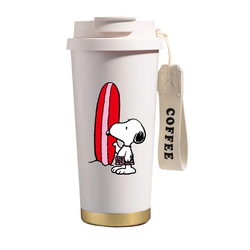 Garrafa térmica de aço inoxidável Snoopys 500ml, anime Kawaii, portátil, viagem, ar livre, carro, chá, café, caneca térmica fria