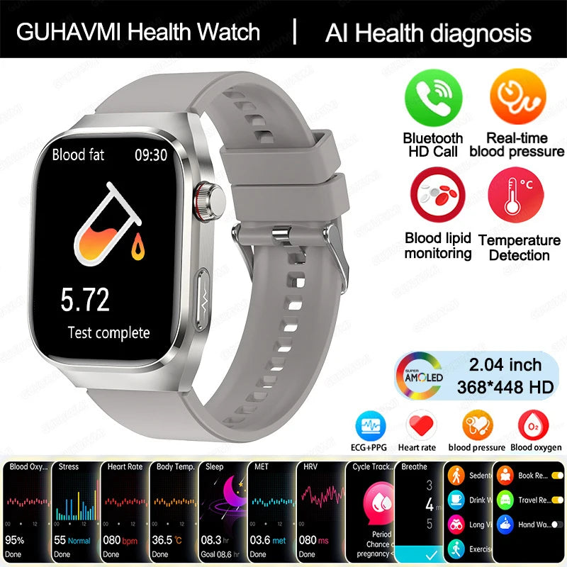 Novo relógio inteligente masculino com diagnóstico de IA e monitoramento de saúde, pressão arterial, ECG, ácido úrico, lipídios, BT Call, relógios inteligentes para HUAWEI