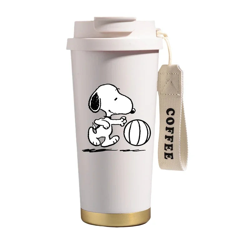 Garrafa térmica de aço inoxidável Snoopys 500ml, anime Kawaii, portátil, viagem, ar livre, carro, chá, café, caneca térmica fria