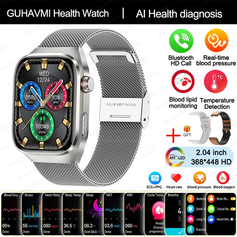 Novo relógio inteligente masculino com diagnóstico de IA e monitoramento de saúde, pressão arterial, ECG, ácido úrico, lipídios, BT Call, relógios inteligentes para HUAWEI