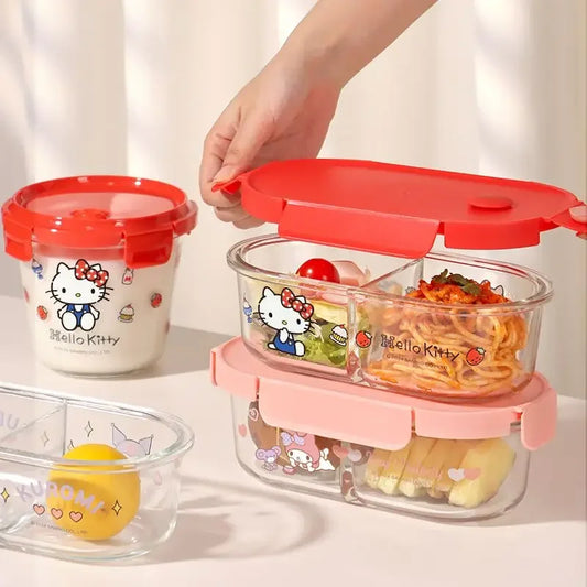 Lancheira de vidro Sanrio Kawaii Hello Kitty My Melody Kuromi Anime Cartoon Tigelas de sopa lacradas para micro-ondas com tampa separada