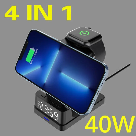 Despertador com carregador sem fio de 40 W LED Relógio digital inteligente de mesa Relógios de mesa eletrônicos com temperatura Carregamento rápido Tipo C