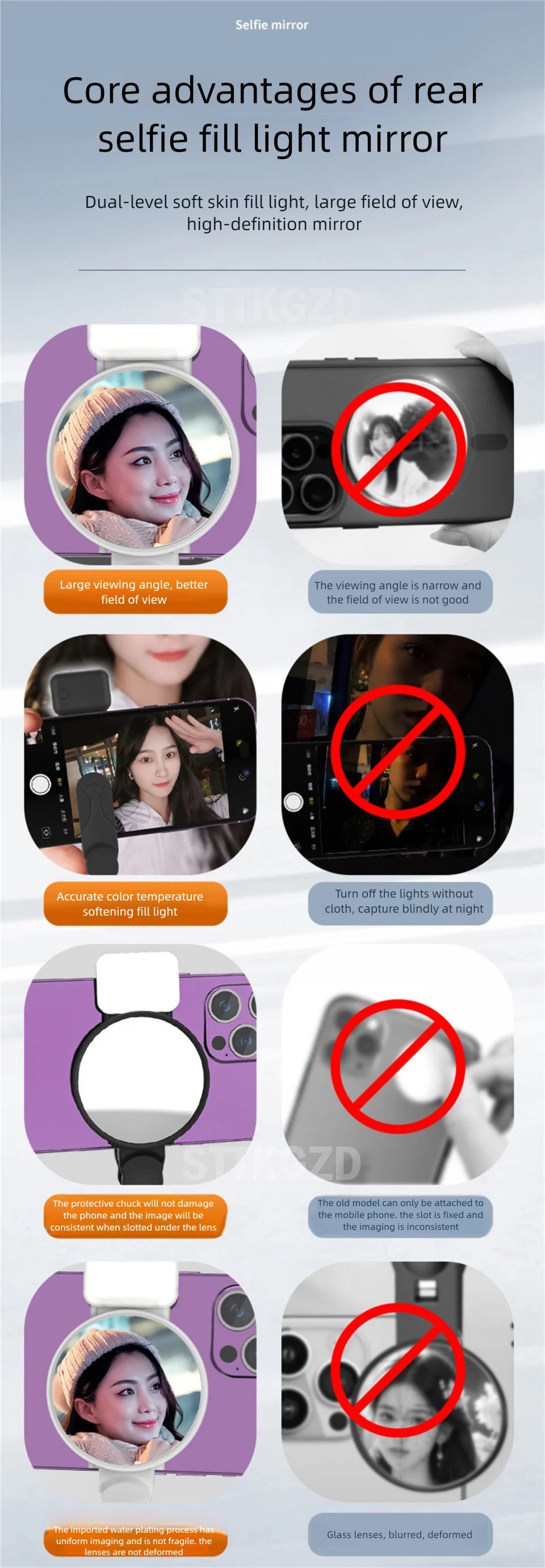 STTKGZD Selfie Refletor Espelho Kit de Luz de Preenchimento para Celular Portátil Espelho Móvel Clipe Bolsa de Armazenamento Câmera Traseira para Celular