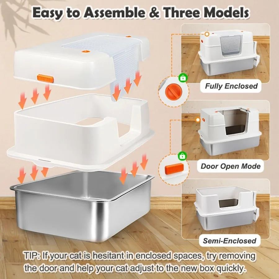 Caixa de areia extra grande de aço inoxidável com tampa para gatos grandes e gatinhos, design de entrada lateral com compartimento lateral alto removível