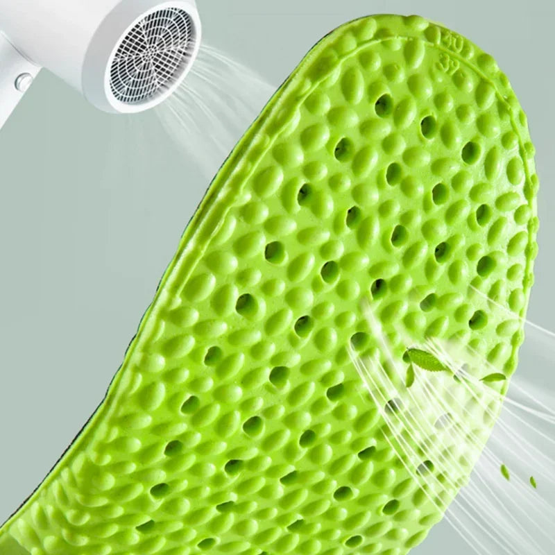 Palmilha esportiva de absorção de choque, espuma de memória de PU verde, suporte de arco respirável, almofada para calçados ortopédicos, homens e mulheres, cuidados com os pés