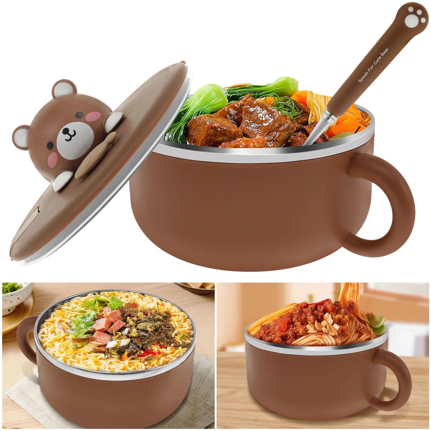 Tigela de Ramen de 1200 ml com tampa, tigela selada para cozinhar Ramen com alça e garfo, tigela de macarrão isolada, tigela prática para servir instantaneamente