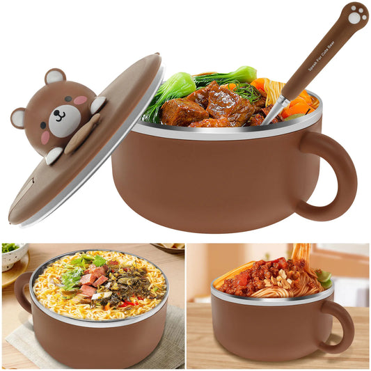 Tigela de Ramen de 1200 ml com tampa, tigela selada para cozinhar Ramen com alça e garfo, tigela de macarrão isolada, tigela prática para servir instantaneamente