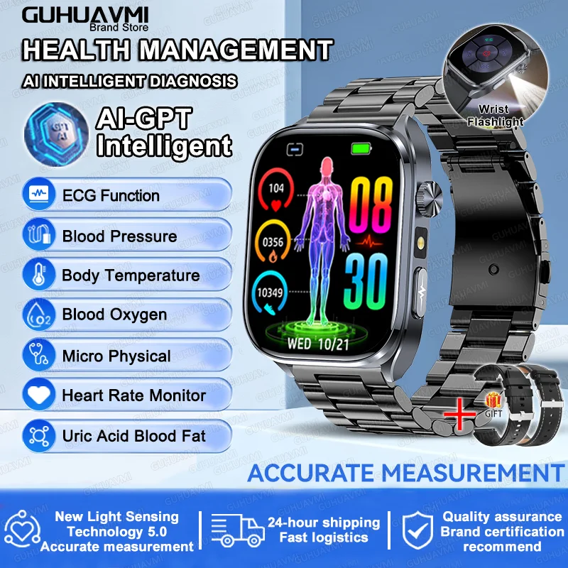 Novo relógio inteligente masculino 2025, pressão arterial, saúde, oxigênio no sangue, ácido úrico, lipídios, rastreador de fitness, relógios Bluetooth, chamada, ECG, smartwatch