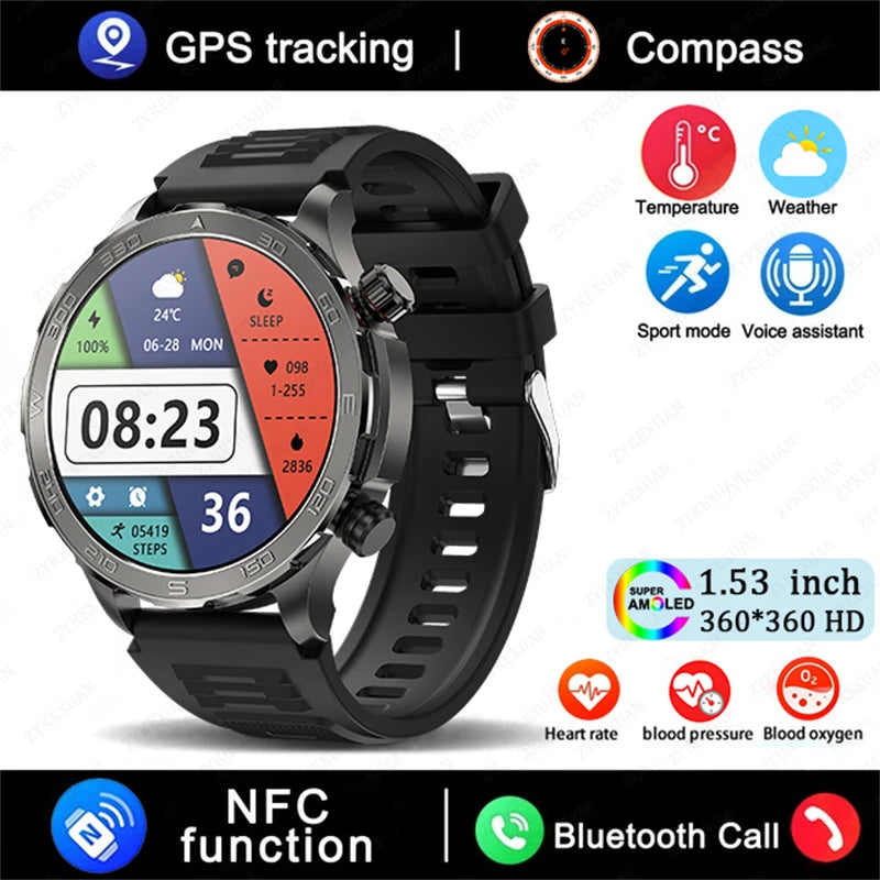 Novo relógio inteligente masculino com GPS e Bluetooth, tela AMOLED HD, frequência cardíaca, NFC, IP68, à prova d'água, esportivo, para Android e iOS, 2025