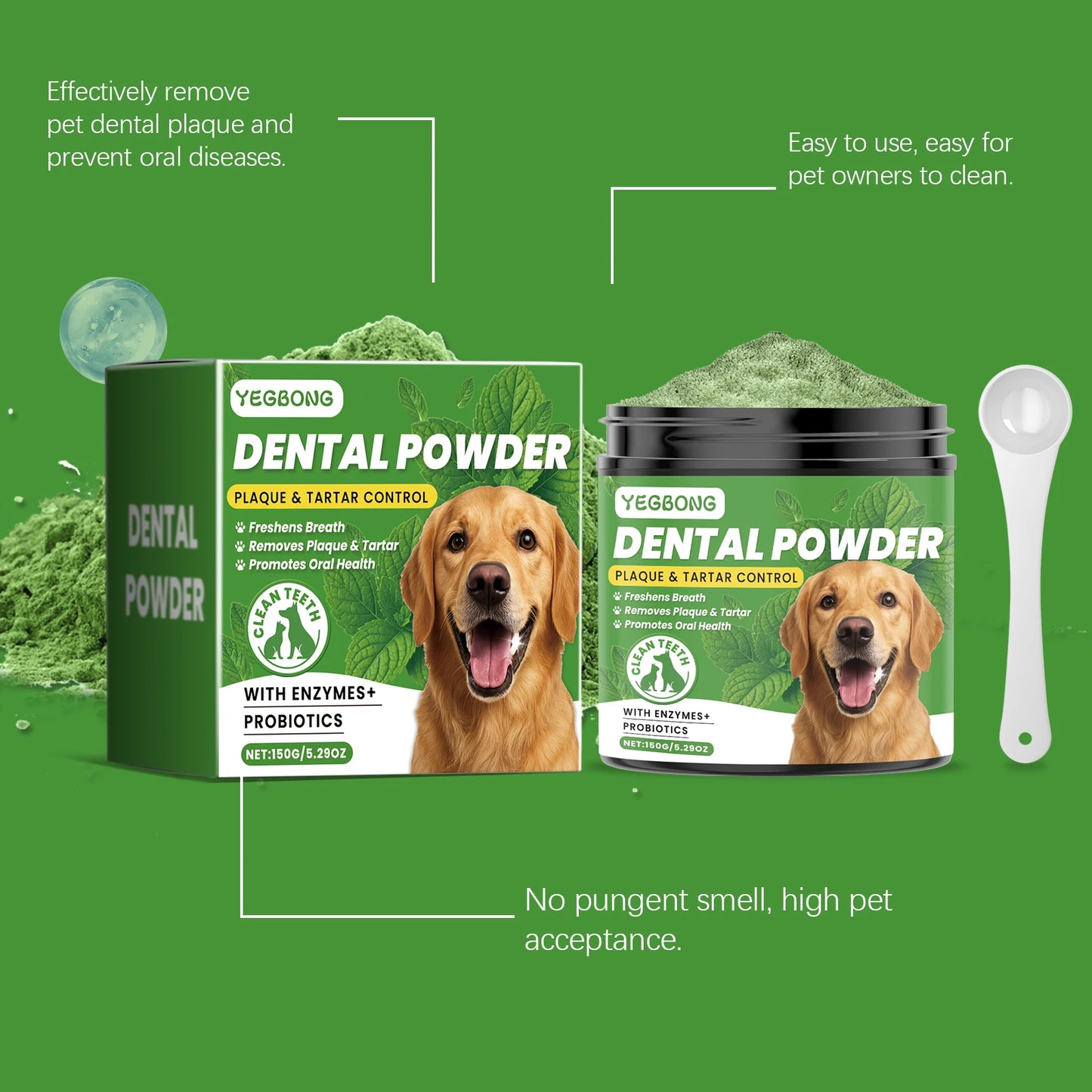 Pó para limpeza de dentes de cachorro Yegbong - Cuidado dental suave para animais de estimação - Remove tártaro, manchas e mau hálito - Clareia os dentes