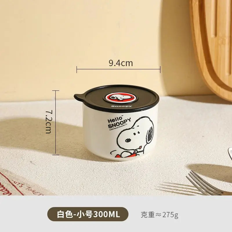 Tigela de segurança periférica de desenho animado do Snoopy, caixa de cerâmica selada com tampa, pode ser levada ao micro-ondas e portátil para trabalhadores de escritório