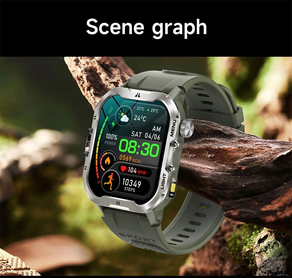 Novo relógio inteligente militar Xiaomi 2024 para homens, esportes ao ar livre, lanterna, fitness, monitor de saúde, 1,96" BT Call Smartwatch