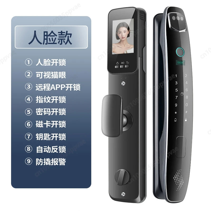 Fechadura de porta inteligente com reconhecimento facial 3D, anti-arrombamento e anti-arrombamento, totalmente automática, trava de impressão digital com senha, interfone, fechadura de porta inteligente