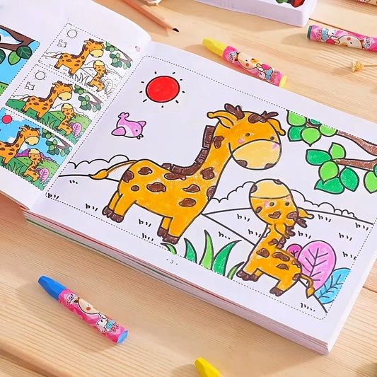 Livro de colorir e rabiscos criativos de 48 páginas, caderno interativo para aprendizagem precoce com animais de desenho animado coloridos, caderno fofo
