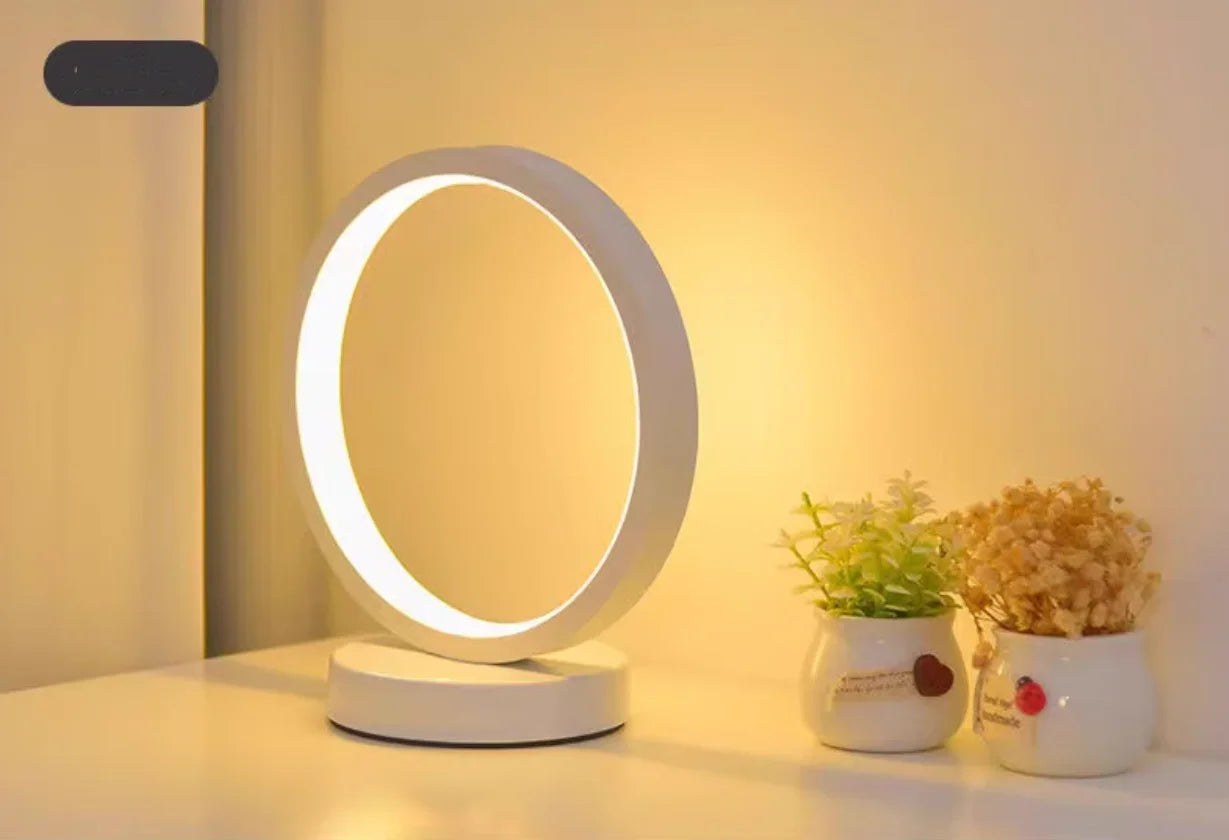 Luminária de mesa circular LED de 20 cm, simples, de cabeceira, para quarto, sala de estar, restaurante, hotel, lâmpada decorativa, luz noturna redonda regulável