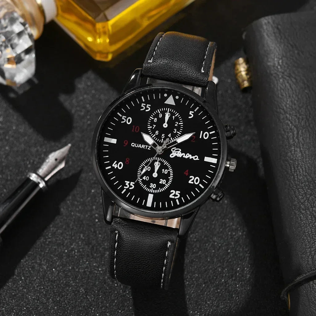 Conjunto de relógios esportivos masculinos 4/2/1 peças, relógio de pulso de quartzo luxuoso com pulseira de couro marrom, relógio casual masculino (sem caixa)