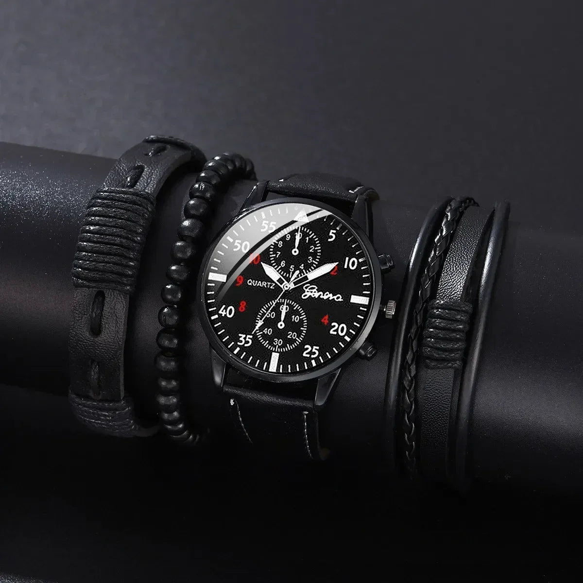 Conjunto de relógios esportivos masculinos 4/2/1 peças, relógio de pulso de quartzo luxuoso com pulseira de couro marrom, relógio casual masculino (sem caixa)