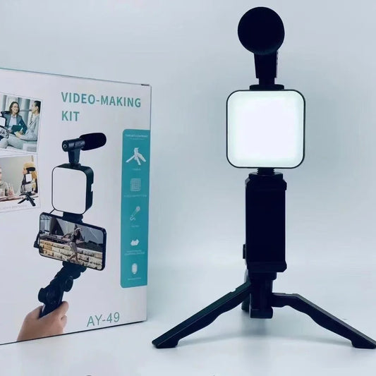 Kit de vlog para smartphone com tripé, suporte para celular, mini microfone, luz de preenchimento LED, iniciante para transmissão ao vivo de vídeos do TikTok e YouTube