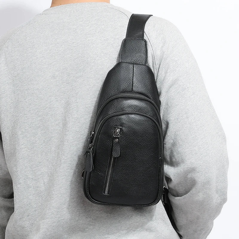Bolsa de peito masculina 100% couro legítimo, bolsa de ombro masculina, bolsa mensageiro, bolsa transversal casual, bolsa de mão da moda masculina