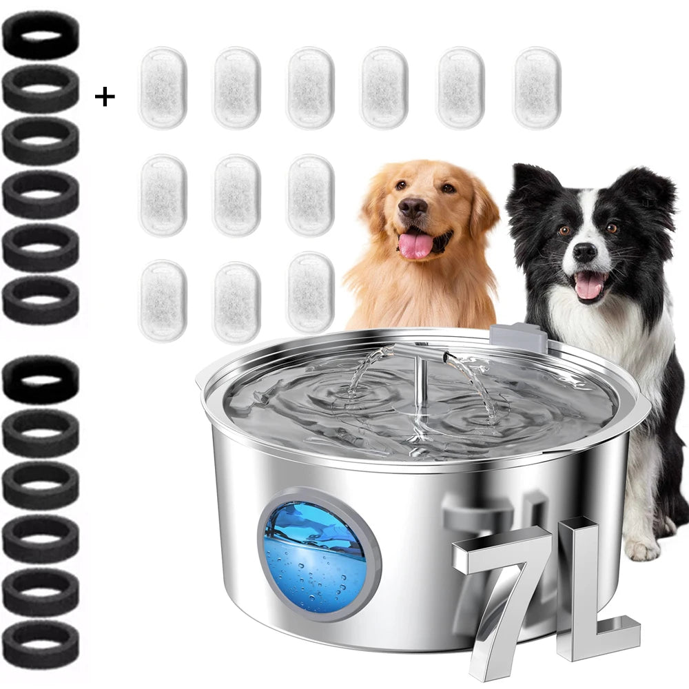 Bebedouro de aço inoxidável de grande capacidade para gatos, cães e animais de estimação, 7L, com janela de nível de água, bomba d'água silenciosa, dispensador com tigela de água USB