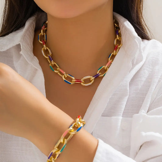 Conjunto de 2 peças de colar e pulseira de gargantilha boêmia colorida, conjunto de joias com corrente cruzada clássica, acessórios para mulheres, presente e festa