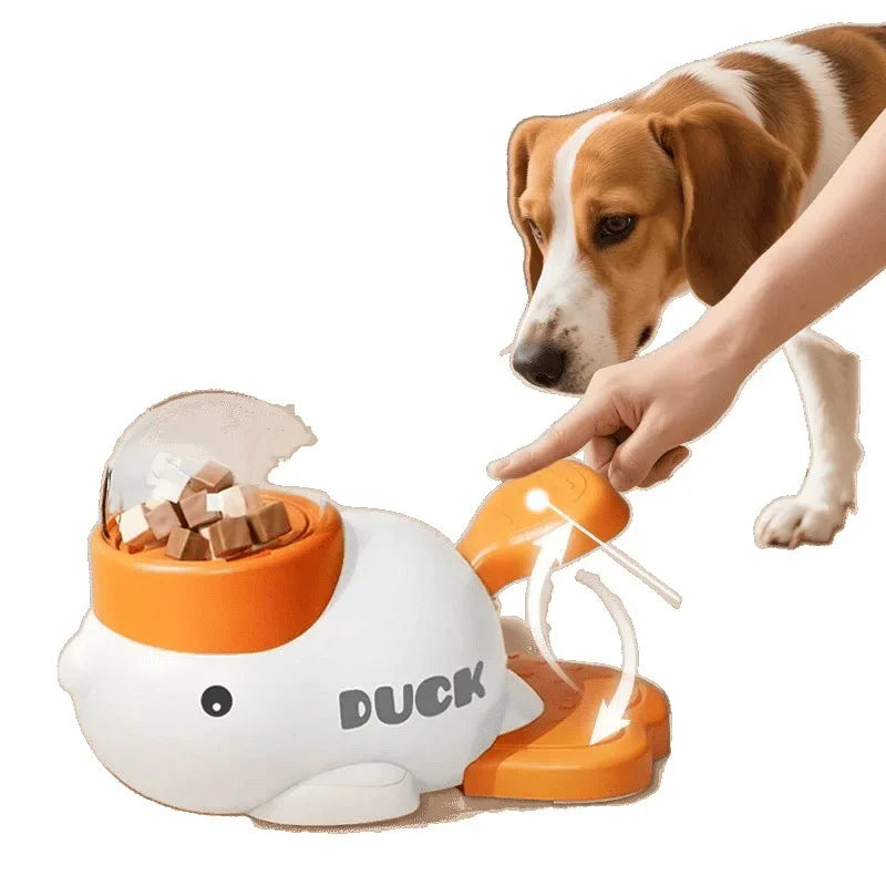 Distribuidor interativo de petiscos para gatos em formato de pato amarelo, quebra-cabeça de plástico durável, alimentador lento, brinquedo de treinamento para cães para entretenimento