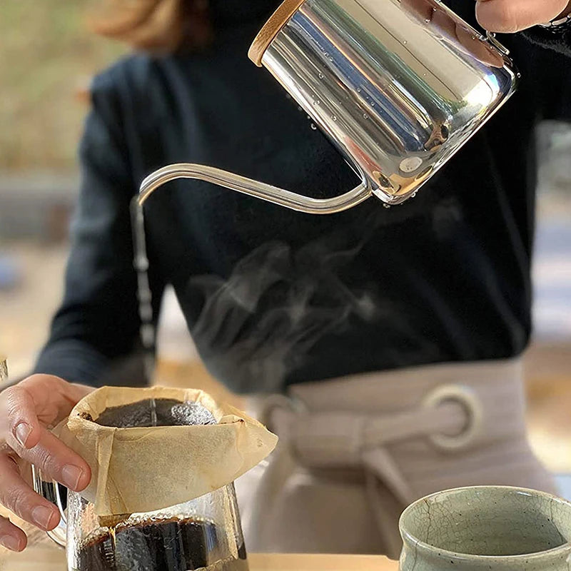 Chaleira de gotejamento de 350ml e 600ml, bule de café e chá, revestimento antiaderente, aço inoxidável de qualidade alimentar, chaleira de gotejamento com pescoço de cisne, boca fina