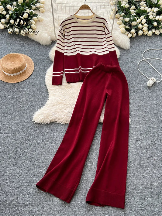 SINGREINY Terno Listrado Feminino Outono Novo Gola Redonda Mangas Compridas Top Quente + Calças Compridas Elásticas Suéter Solto Casual Conjunto de Duas Peças