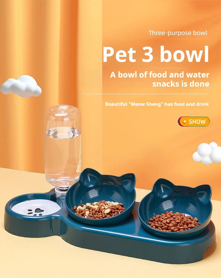 Tigelas para animais de estimação com alimentador de água, design 3 em 1 para orelhas, conjunto de tigelas de água e comida para gatos com garrafa de água por gravidade para proteção do pescoço