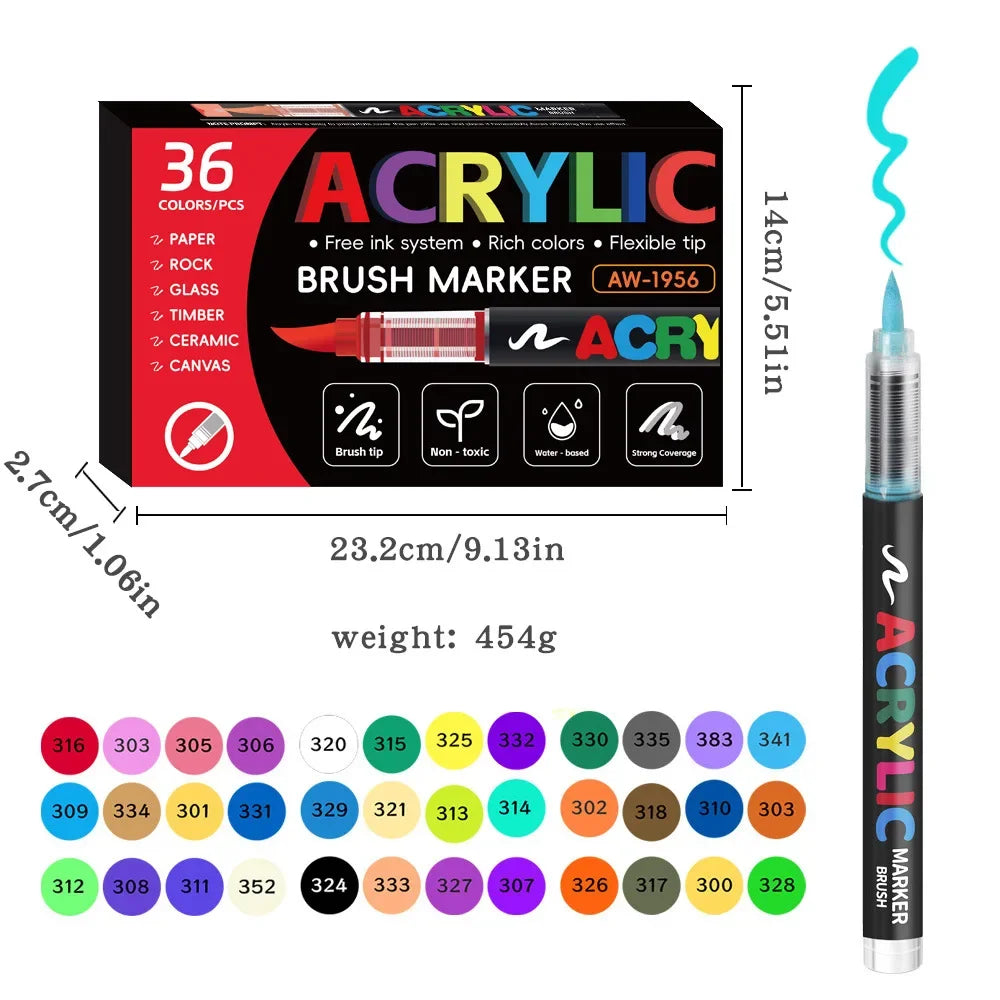 Conjunto de canetas marcadoras acrílicas coloridas, 12 a 48 cores, à prova d'água, para scrapbook, faça você mesmo, ponta de pincel, desenho, tinta, marcador, arte, material escolar, papelaria