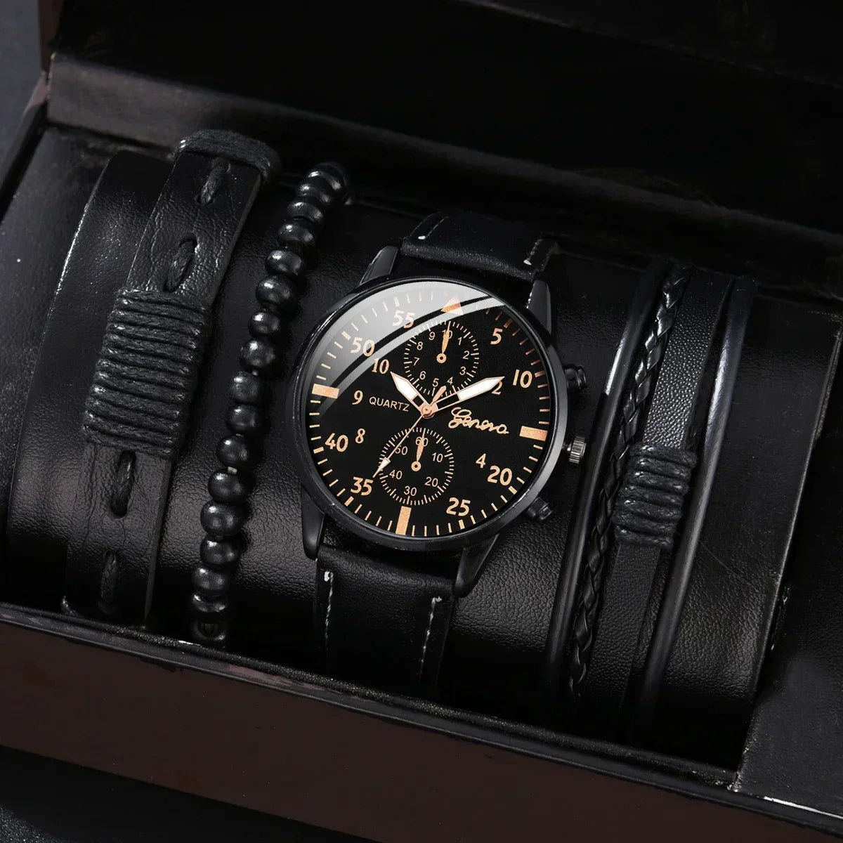 Conjunto de relógios esportivos masculinos 4/2/1 peças, relógio de pulso de quartzo luxuoso com pulseira de couro marrom, relógio casual masculino (sem caixa)