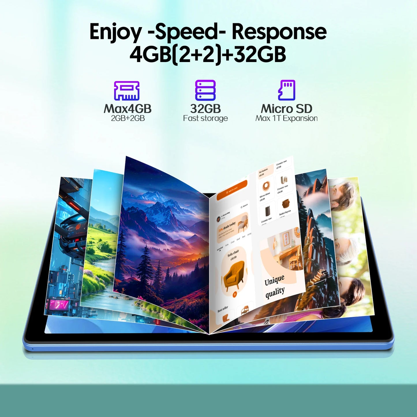 Tablet Android de 10 polegadas, 4 GB (expansão de memória 2 g + 2 g) RAM + 32 GB ROM, tela IPS de 1280 x 800, câmeras duplas, WiFi, Bluetooth, alto-falante duplo