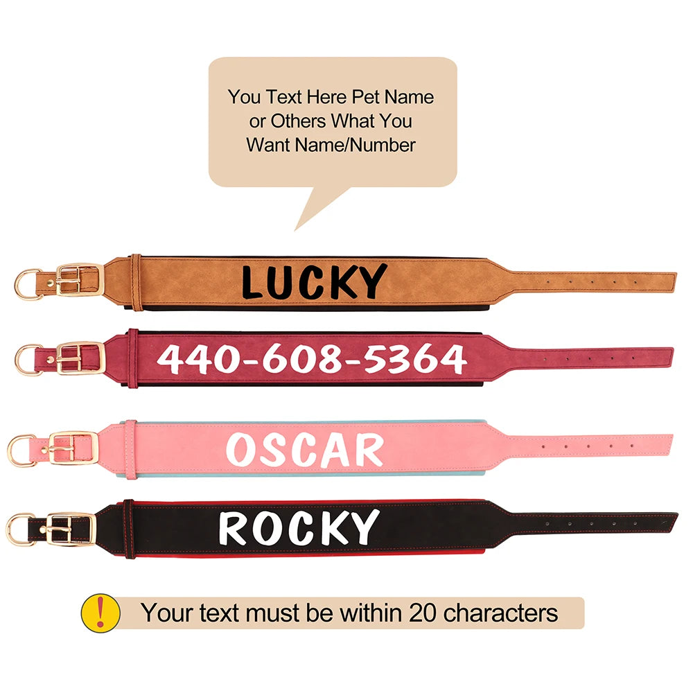 Coleira de couro personalizada para cães, coleira de identificação larga e acolchoada personalizada, nome e número impressos gratuitamente para cães de médio e grande porte, como Greyhound
