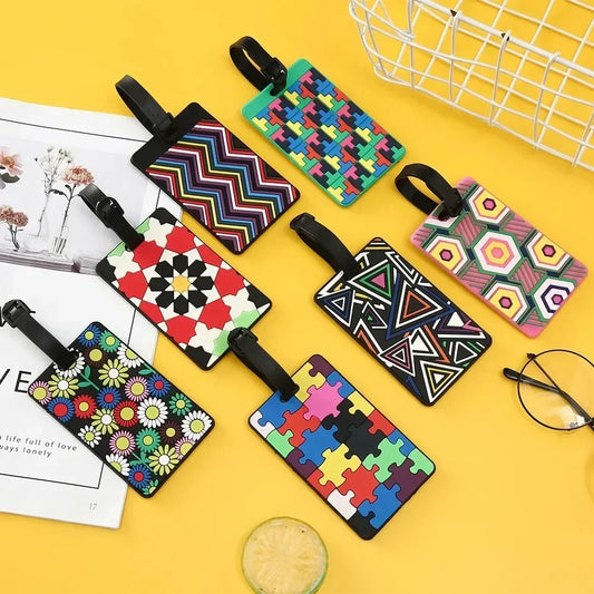 1 peça etiquetas geométricas de silicone macio para bagagem, identificação de mala, endereço, suporte para nome, etiqueta de bagagem, acessórios de viagem, etiquetas de bagagem