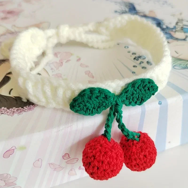 Pet Collar Handmade Knitted Cat Collar With Cherry Decor Cute Cat Necklace Cat Supplies ошейник для кошек  para gatos accesorios