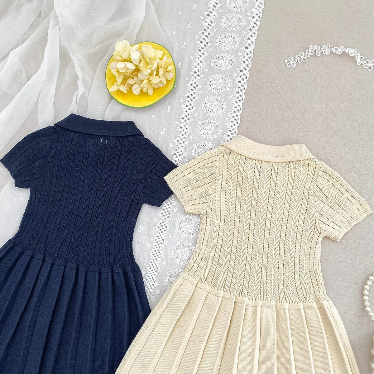1-5Y Kids Clothes Hollow Out Knit Dress For Kids Girls Kids Knit Pleated Dresses
