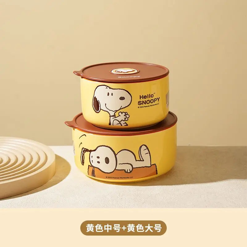 Tigela de segurança periférica de desenho animado do Snoopy, caixa de cerâmica selada com tampa, pode ser levada ao micro-ondas e portátil para trabalhadores de escritório