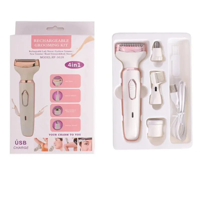 Barbeador elétrico 4 em 1 para mulheres, aparador de pelos de corpo inteiro, axila, instrumento de remoção de pelos privados, depilador seco e úmido, indolor