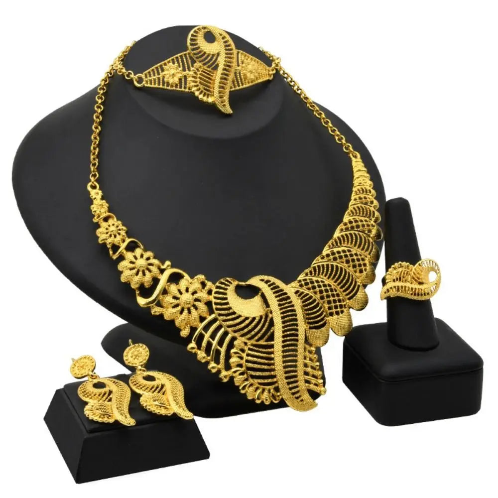 Conjunto de 4 peças de joias indianas banhadas a ouro para noivas, conjunto de colar/brincos/pulseira/anel feminino de luxo e alta qualidade, durável