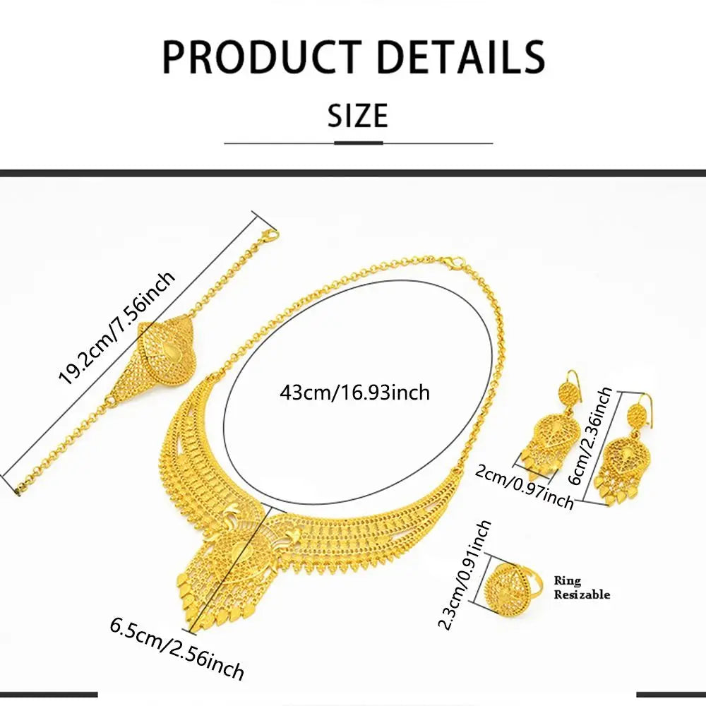 Conjunto de 4 peças de joias indianas banhadas a ouro para noivas, conjunto de colar/brincos/pulseira/anel feminino de luxo e alta qualidade, durável